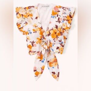 Abercrombie & Fitch Floral V-Neck Tie Waist Blouse Statement 100% Cotton Size XS